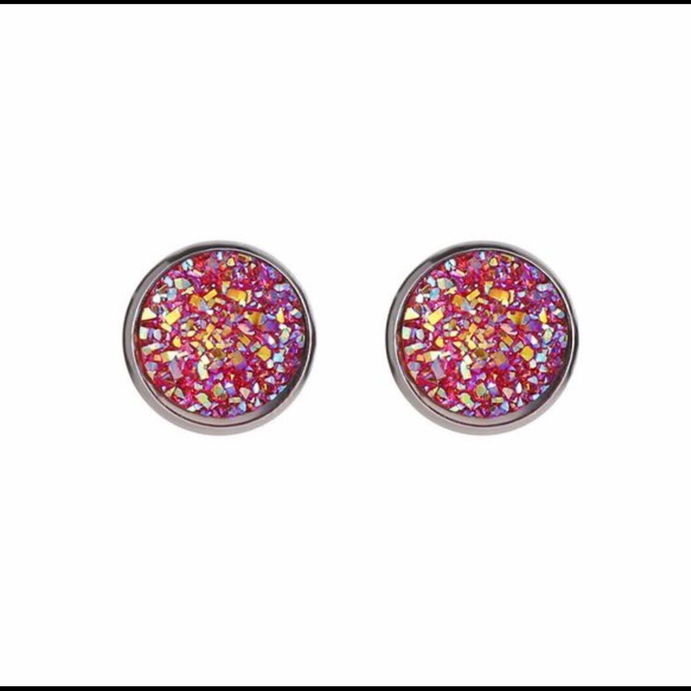 Simple Round Sparkly Dark Pink Earrings